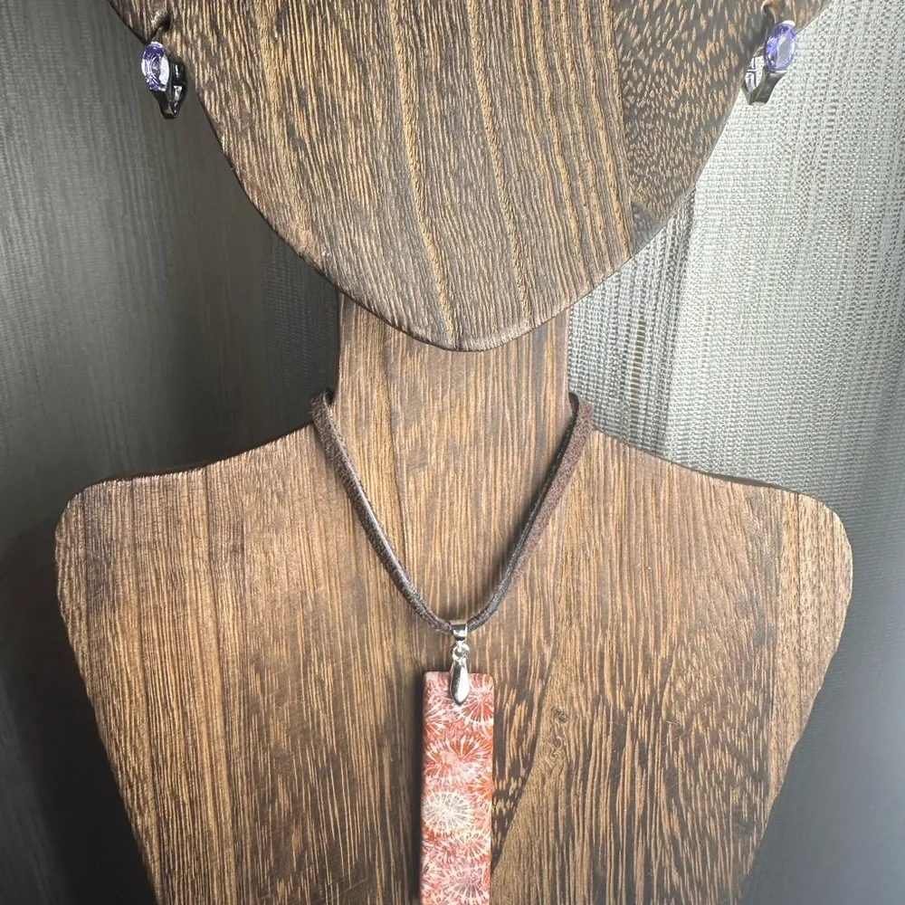 Dark Orange Coral Fossil Thin Rectangle Pendant Necklace on Brown Suede - Picture 3 of 13